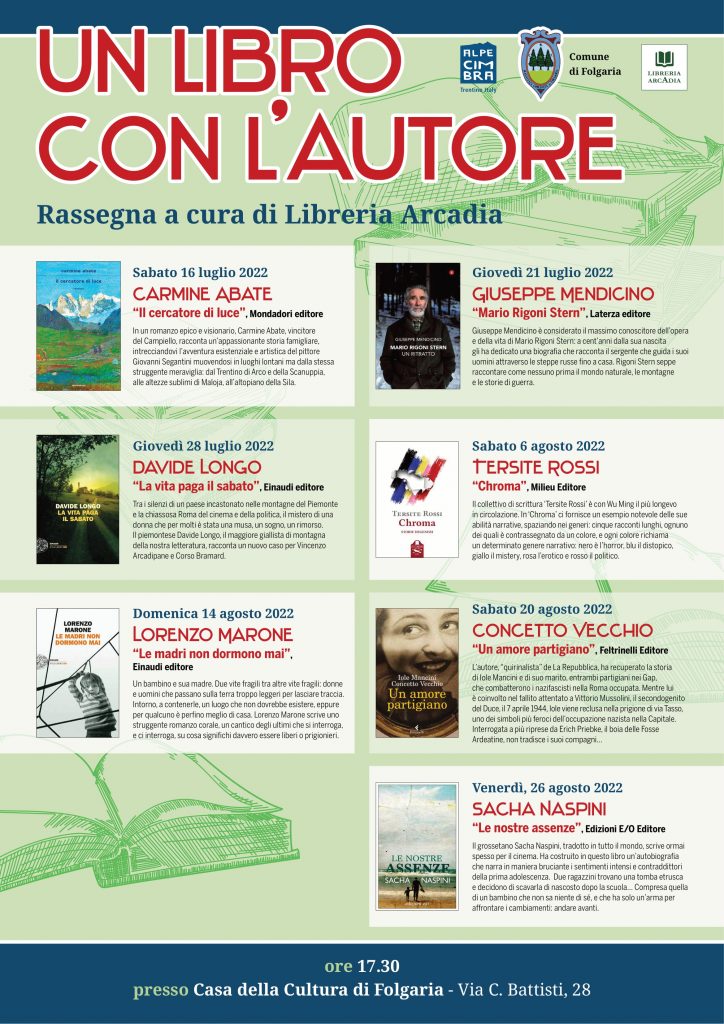 SABATO 16 LUGLIO, ORE 17:30 – CARMINE ABATE APRE LA NOSTRA RASSEGNA “UN LIBRO CON L’AUTORE” – FOLGARIA
